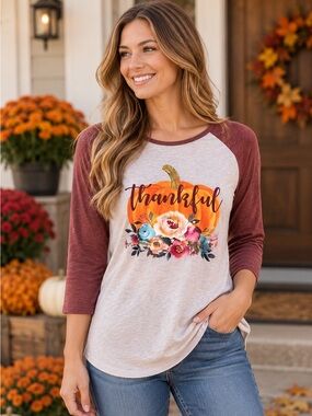 NWT Southern Stitch Thankful Raglan Burgundy and Gray Top w/ floral pumpkin